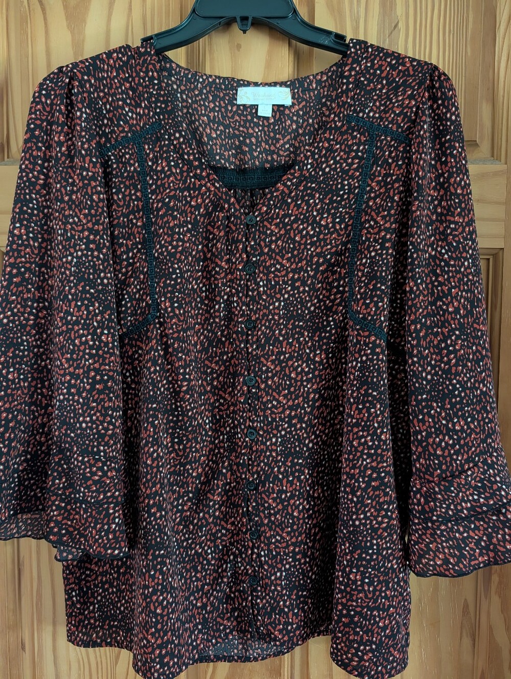 Bohemian Style Flowy Blouse 3/4 Tiered Flared Sleeves Lace Trim Women's Large